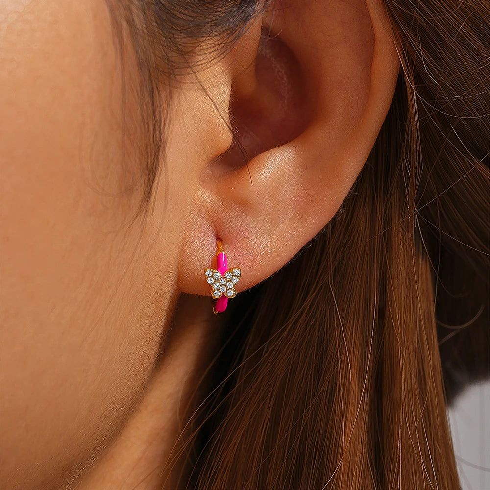 Hot Pink Butterfly Enamel Earrings