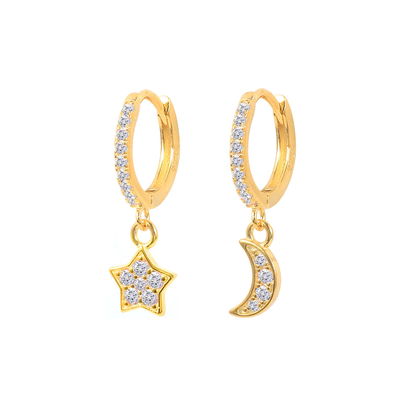 925 Sterling Silver Star & Moon Earrings - Flowerlovejewelry